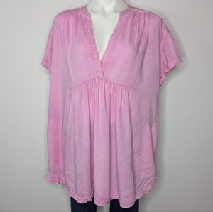 Free People pink linen blend v neck short sleeve top M